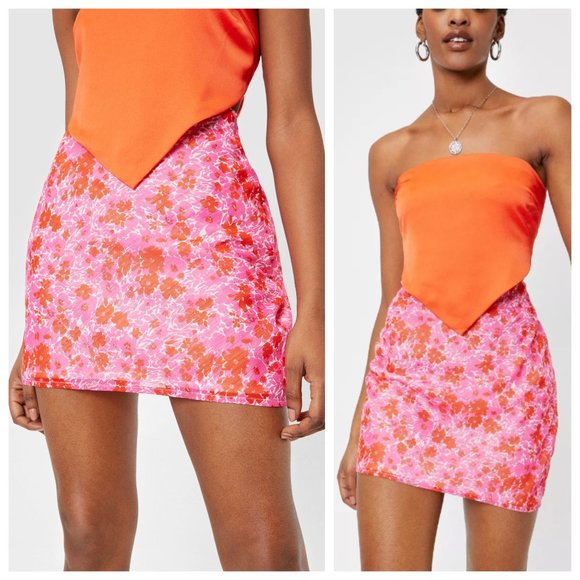 Nasty Gal Dresses & Skirts - NWT Nasty Gal Sparkly Pink & Red Floral Chiffon Bias Cut Print Skirt